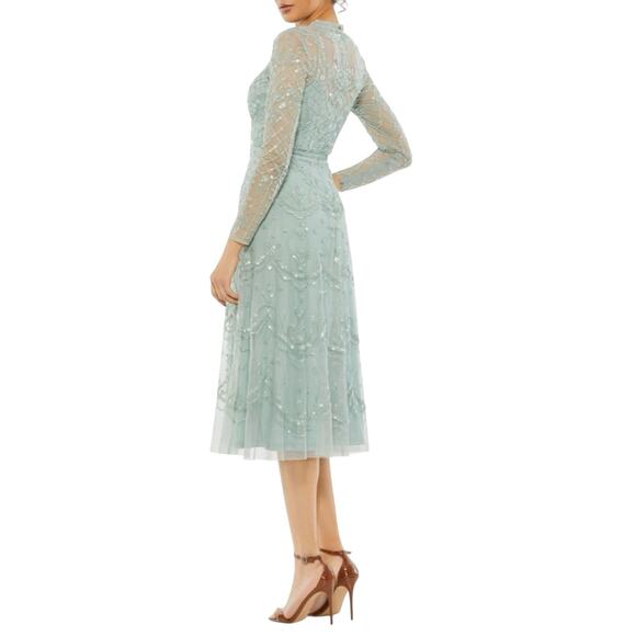 Mac Duggal 9142 Sequined Illusion Long Sleeve Midi Dress Seafoam Size 10 $498 - Picture 9 of 11